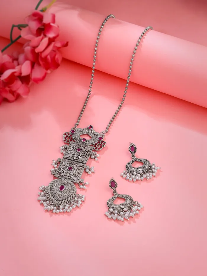 Yellow Chimes Necklaces Jewellery Set Traditional Silver Oxidised Long Necklace with Studded Stones Gift for Women 586 cm Oxidised Silver