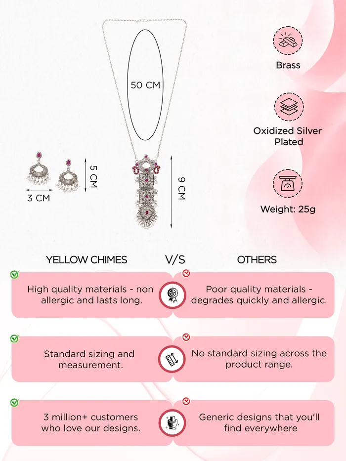 Yellow Chimes Necklaces Jewellery Set Traditional Silver Oxidised Long Necklace with Studded Stones Gift for Women 586 cm Oxidised Silver