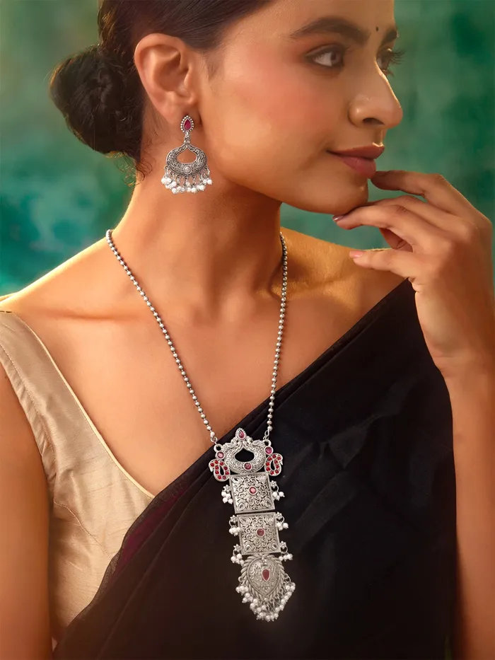 Yellow Chimes Necklaces Jewellery Set Traditional Silver Oxidised Long Necklace with Studded Stones Gift for Women 586 cm Oxidised Silver