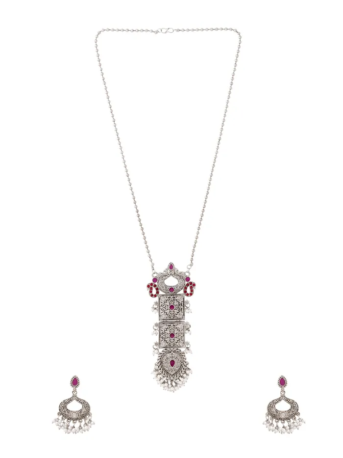 Yellow Chimes Necklaces Jewellery Set Traditional Silver Oxidised Long Necklace with Studded Stones Gift for Women 586 cm Oxidised Silver