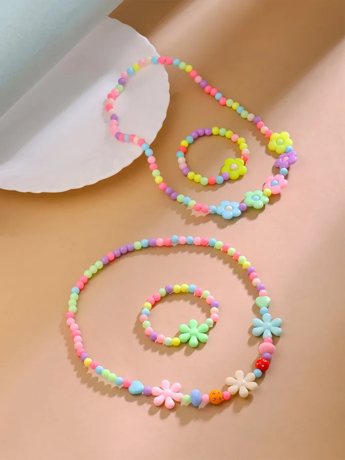 Yellow Chimes Necklaces Melbees by Yellow Chimes Jewellery Set for Girls Combo of 2 Pair Colorful Resin Beads Floral design Pendant Bracelet Set Kids Jewellery Set for Girls