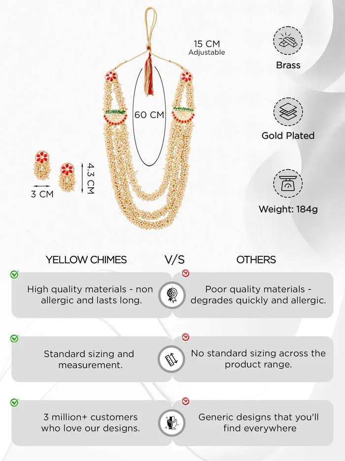 Yellow Chimes Necklaces Traditional Gold Plated Long Necklace Set Elegant Design Clip Clasp 53 cm Gold