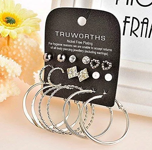 Yellow Chimes Necklaces Yellow Chimes 9 Pair Assorted Combo Crystal Stud and Big Hoops Earrings for Women and Girls Hoops Studs