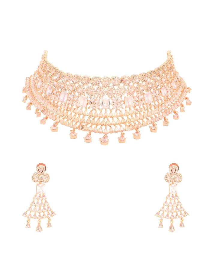 Yellow Chimes Necklaces Yellow Chimes American Diamond Jewellery Set for Women Rosegold Plated Bridal Wedding White AD Jewellery Necklace Set for Women and Girls Yellow Chimes Necklaces Yellow Chimes American Diamond Jewellery Set for Women Rosegold Plated Bridal Wedding White AD Jewellery Necklace Set for Women and Girls