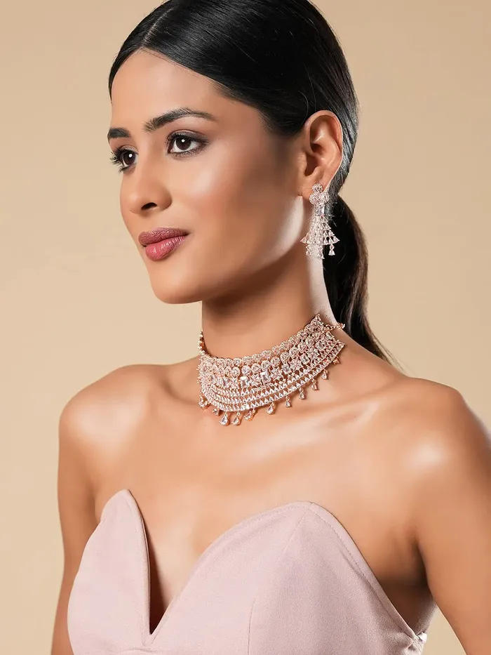 Yellow Chimes Necklaces Yellow Chimes American Diamond Jewellery Set for Women Rosegold Plated Bridal Wedding White AD Jewellery Necklace Set for Women and Girls