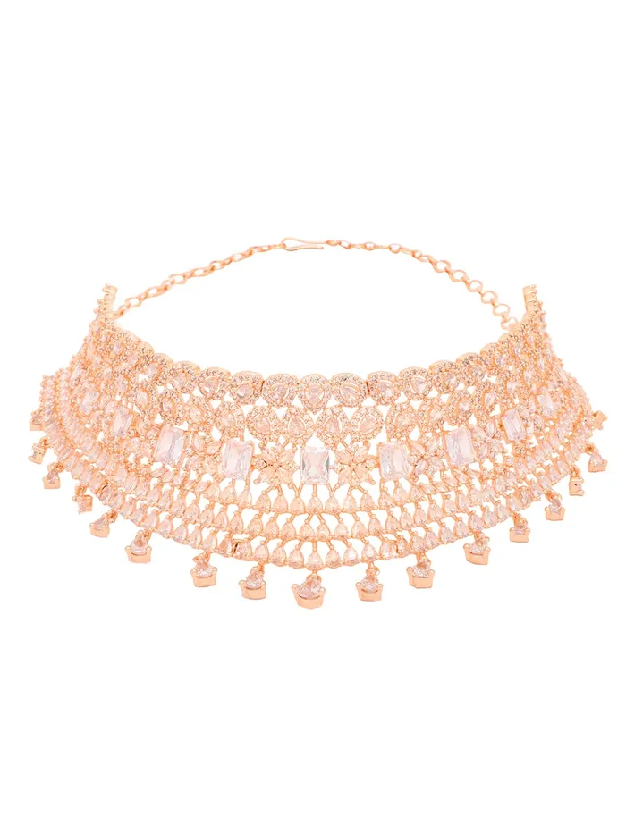 Yellow Chimes Necklaces Yellow Chimes American Diamond Jewellery Set for Women Rosegold Plated Bridal Wedding White AD Jewellery Necklace Set for Women and Girls