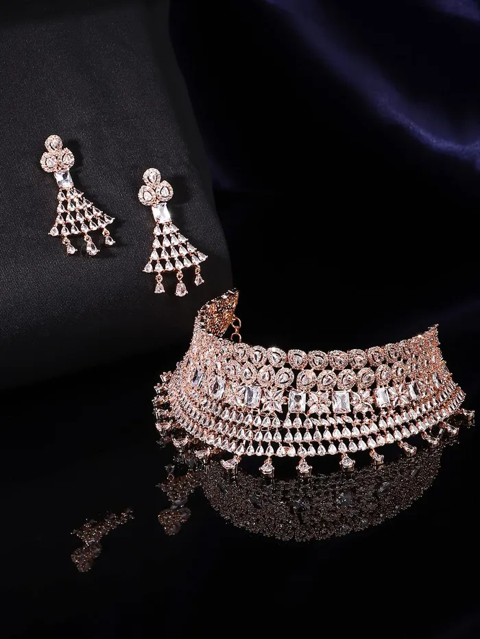Yellow Chimes Necklaces Yellow Chimes American Diamond Jewellery Set for Women Rosegold Plated Bridal Wedding White AD Jewellery Necklace Set for Women and Girls