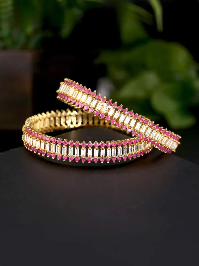 Yellow Chimes Necklaces Yellow Chimes Classic Set of 2 Pcs Pink ADAmerican Diamond Studded 18k Gold Plated Handcrafted Designer Bangles for Women Girls 24