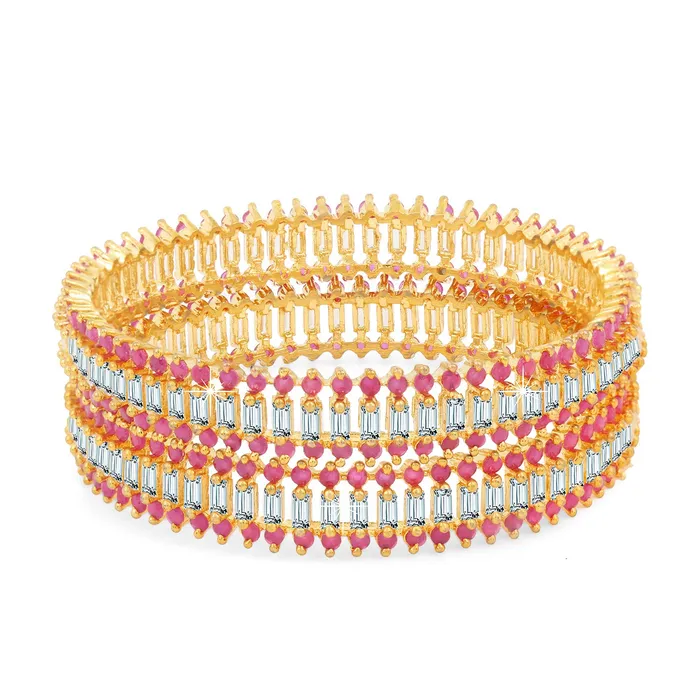 Yellow Chimes Necklaces Yellow Chimes Classic Set of 2 Pcs Pink ADAmerican Diamond Studded 18k Gold Plated Handcrafted Designer Bangles for Women Girls 24