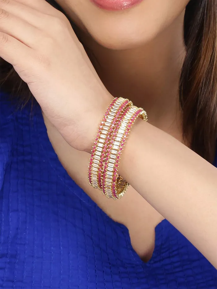 Yellow Chimes Necklaces Yellow Chimes Classic Set of 2 Pcs Pink ADAmerican Diamond Studded 18k Gold Plated Handcrafted Designer Bangles for Women Girls 24