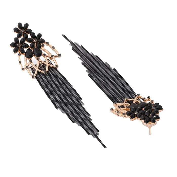 Yellow Chimes Necklaces Yellow Chimes Crystal Danglers Earrings for Women Floral Shaped Crystal Black Long Chain Dangler Earrings for Women and Girls