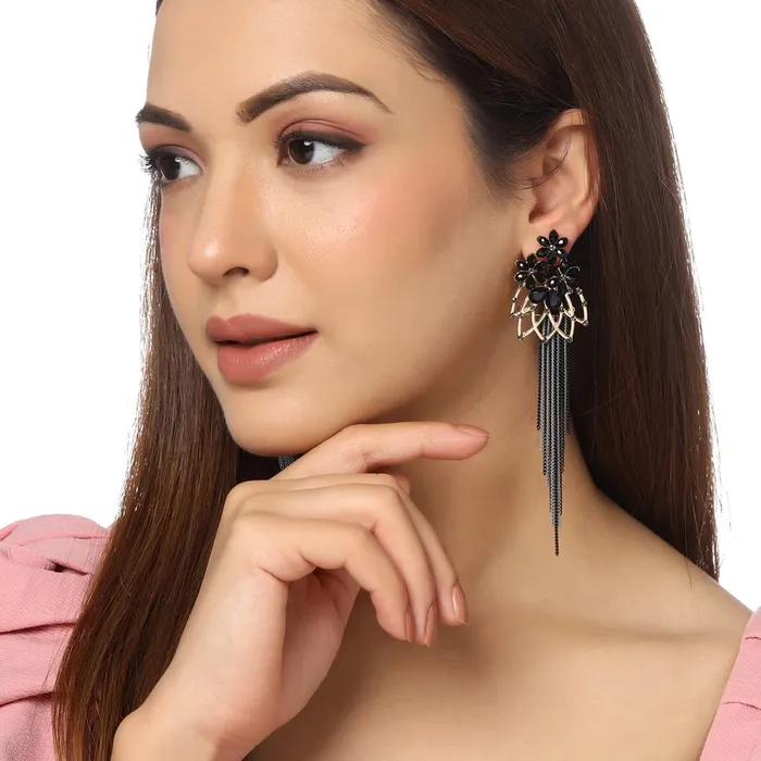 Yellow Chimes Necklaces Yellow Chimes Crystal Danglers Earrings for Women Floral Shaped Crystal Black Long Chain Dangler Earrings for Women and Girls
