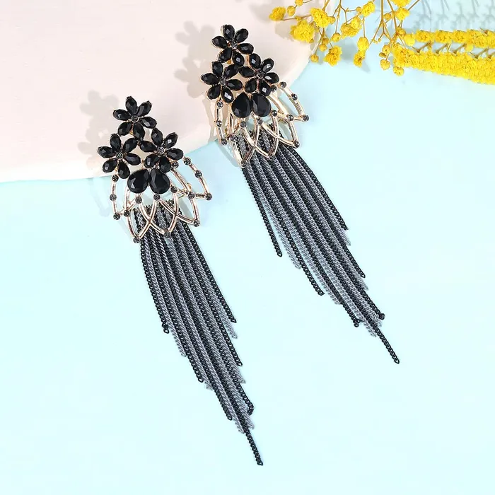 Yellow Chimes Necklaces Yellow Chimes Crystal Danglers Earrings for Women Floral Shaped Crystal Black Long Chain Dangler Earrings for Women and Girls