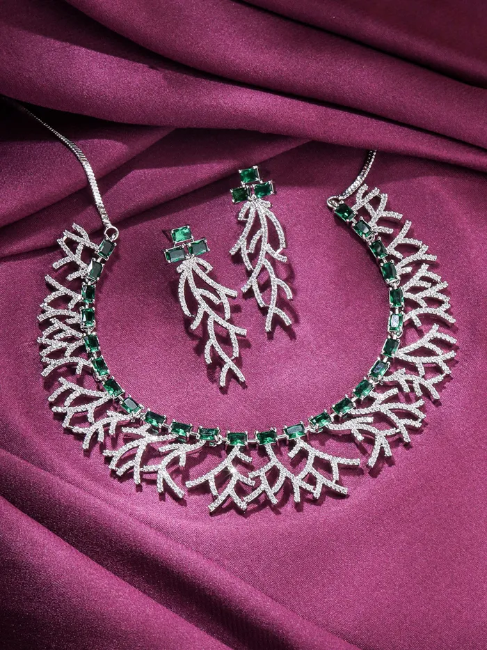 Yellow Chimes Necklaces Yellow Chimes Diamond Necklace Set for Women Green Stone Silver Necklace Set AD Jewellery Set for Women Silver Diamond Necklace Set Birthday Gift for Girls Women Anniversary Gift for Wife