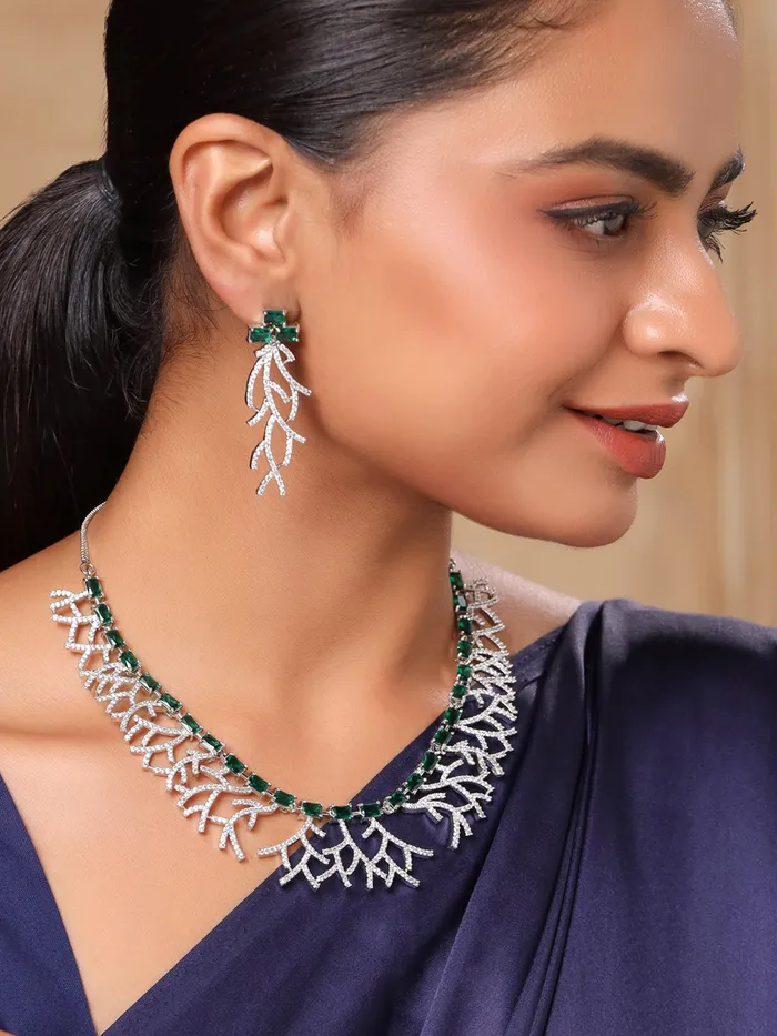 Yellow Chimes Necklaces Yellow Chimes Diamond Necklace Set for Women Green Stone Silver Necklace Set AD Jewellery Set for Women Silver Diamond Necklace Set Birthday Gift for Girls Women Anniversary Gift for Wife