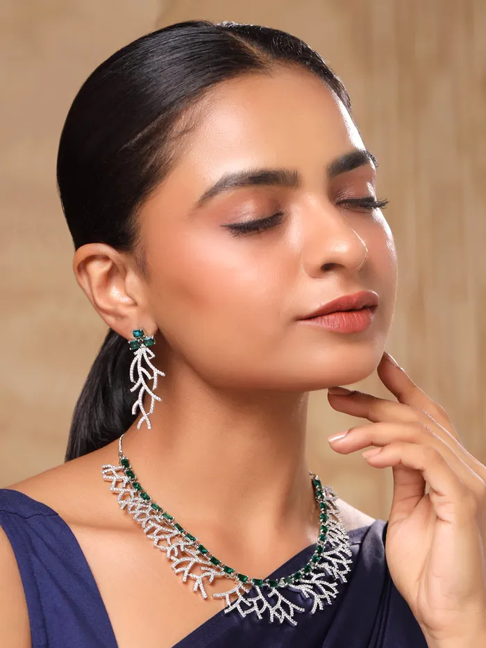 Yellow Chimes Necklaces Yellow Chimes Diamond Necklace Set for Women Green Stone Silver Necklace Set AD Jewellery Set for Women Silver Diamond Necklace Set Birthday Gift for Girls Women Anniversary Gift for Wife