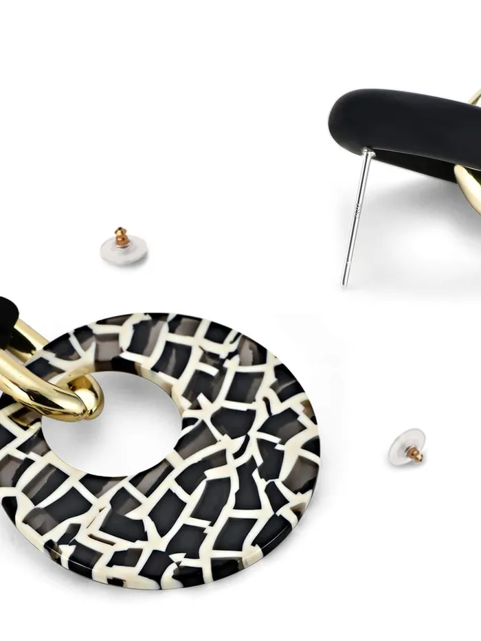 Yellow Chimes Necklaces Yellow Chimes Earrings For Women Black Golden Linked Geometric Shape With Black and White Round Circle attached Drop Earrings For Women and Girls