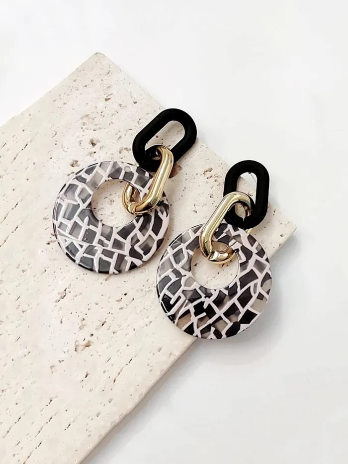 Yellow Chimes Necklaces Yellow Chimes Earrings For Women Black Golden Linked Geometric Shape With Black and White Round Circle attached Drop Earrings For Women and Girls