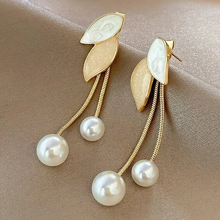 Yellow Chimes Necklaces Yellow Chimes Earrings For Women Gold Tone 2 Pair Combo of Butterfly and Leaf Designed Stone Pearl Dangler Earrings For Women and Girls