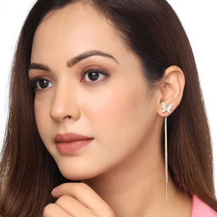 Yellow Chimes Necklaces Yellow Chimes Earrings For Women Gold Tone 2 Pair Combo of Butterfly and Leaf Designed Stone Pearl Dangler Earrings For Women and Girls