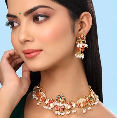 Yellow Chimes Necklaces Yellow Chimes Ethnic Gold Plated Studded Kundan Green Beads Design Jewellery Set Traditional Choker Necklace Set with Earrings and maang Tikka for Women and Girls Design 2