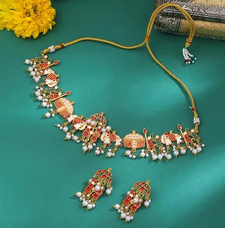 Yellow Chimes Necklaces Yellow Chimes Ethnic Gold Plated Studded Kundan Green Beads Design Jewellery Set Traditional Choker Necklace Set with Earrings and maang Tikka for Women and Girls Design 2