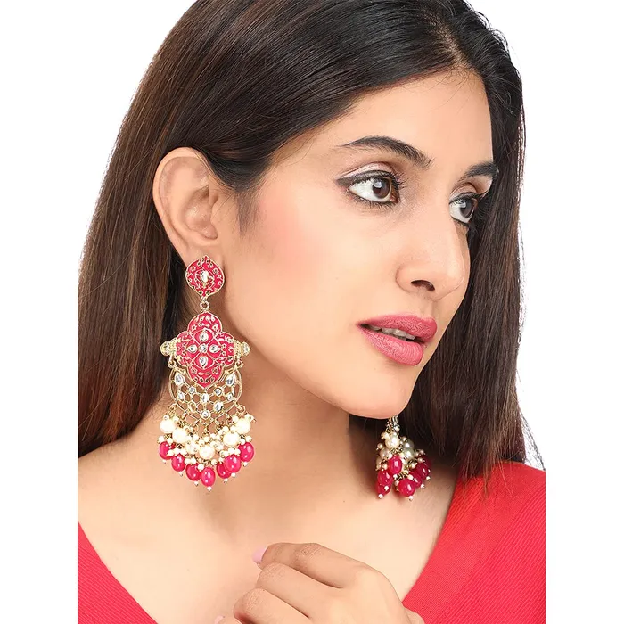 Yellow Chimes Necklaces Yellow Chimes Ethnic Gold Plated Traditional Pearl Beads Pink Meenakari Flower Design Dangler Earrings for Women and Girls Medium YCTJER102MNKDNGPK