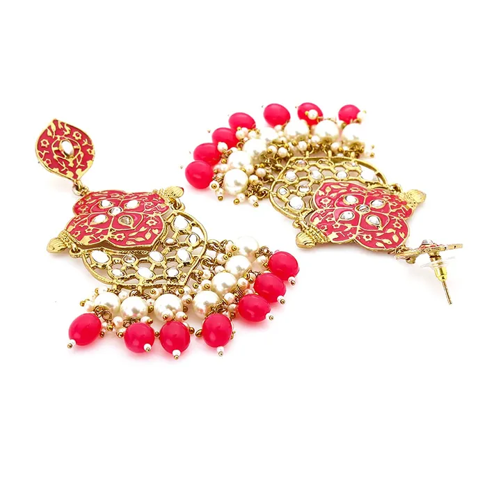 Yellow Chimes Necklaces Yellow Chimes Ethnic Gold Plated Traditional Pearl Beads Pink Meenakari Flower Design Dangler Earrings for Women and Girls Medium YCTJER102MNKDNGPK
