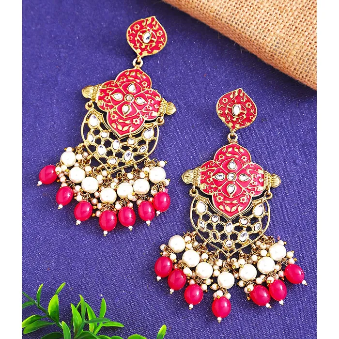 Yellow Chimes Necklaces Yellow Chimes Ethnic Gold Plated Traditional Pearl Beads Pink Meenakari Flower Design Dangler Earrings for Women and Girls Medium YCTJER102MNKDNGPK