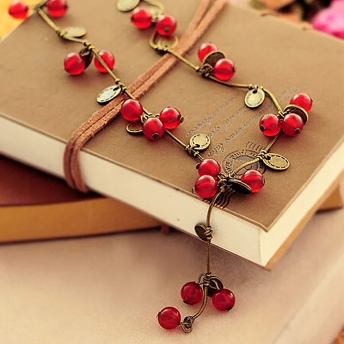 Yellow Chimes Necklaces Yellow Chimes Exquisite Design Bohemain Beautiful Fresh Red Cherry Beads Sweater Long Chain Necklace for Women and Girls