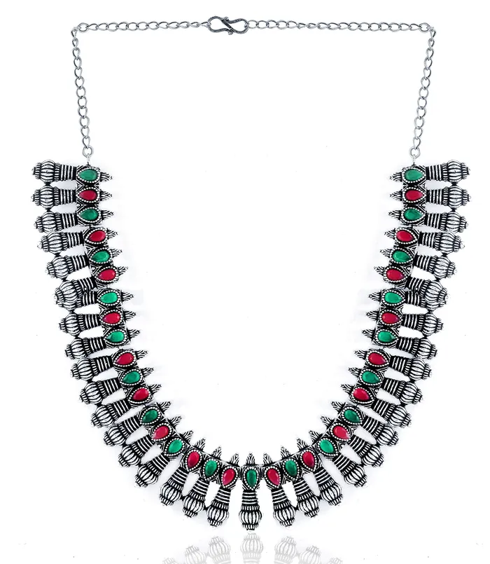 Yellow Chimes Necklaces Yellow Chimes German Oxidized Silver Statement Style Royal Looks Designer Necklace Set with Earrings Jewellery Set for Women and Girls Multicolor