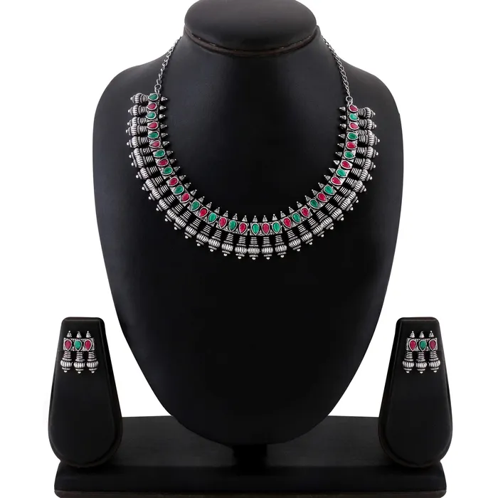 Yellow Chimes Necklaces Yellow Chimes German Oxidized Silver Statement Style Royal Looks Designer Necklace Set with Earrings Jewellery Set for Women and Girls Multicolor