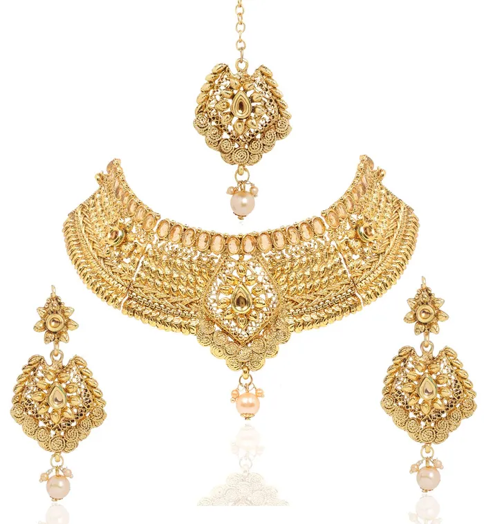 Yellow Chimes Necklaces Yellow Chimes Gold Plated Traditional Flower Designer Studded Pearl Choker Necklace Earring Maang Tikka Set Necklace Set Necklace Jewellery Set for Women Girls