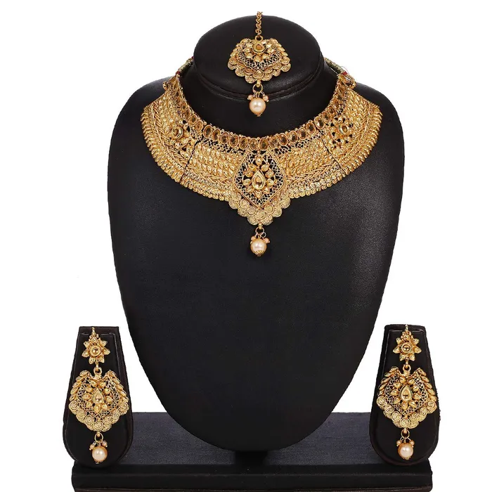 Yellow Chimes Necklaces Yellow Chimes Gold Plated Traditional Flower Designer Studded Pearl Choker Necklace Earring Maang Tikka Set Necklace Set Necklace Jewellery Set for Women Girls