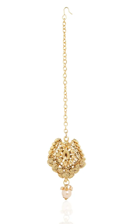 Yellow Chimes Necklaces Yellow Chimes Gold Plated Traditional Flower Designer Studded Pearl Choker Necklace Earring Maang Tikka Set Necklace Set Necklace Jewellery Set for Women Girls