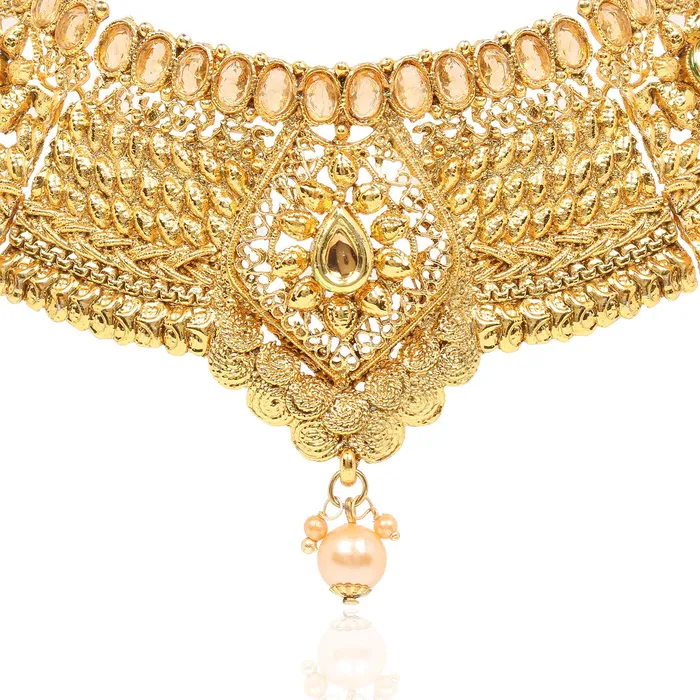 Yellow Chimes Necklaces Yellow Chimes Gold Plated Traditional Flower Designer Studded Pearl Choker Necklace Earring Maang Tikka Set Necklace Set Necklace Jewellery Set for Women Girls