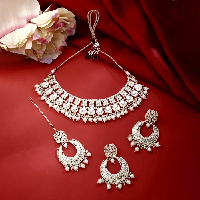 Yellow Chimes Necklaces Yellow Chimes Jewellery Set for Women and Girls Kundan Necklace Set Gold Plated Kundan Studded Beads Drop Choker Necklace Set Birthday Gift for girls and women Anniversary Gift for Wife