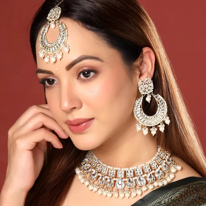 Yellow Chimes Necklaces Yellow Chimes Jewellery Set for Women and Girls Kundan Necklace Set Gold Plated Kundan Studded Beads Drop Choker Necklace Set Birthday Gift for girls and women Anniversary Gift for Wife