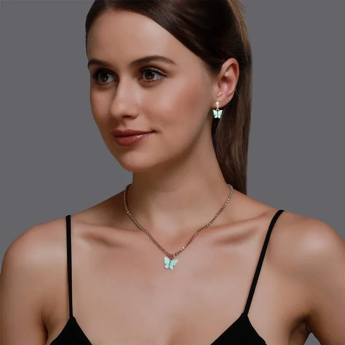 Yellow Chimes Necklaces Yellow Chimes Jewellery Set for Women Gold Plated Blue Crystal Butterfly Pendant set with Drop Earrings for Women and Girls