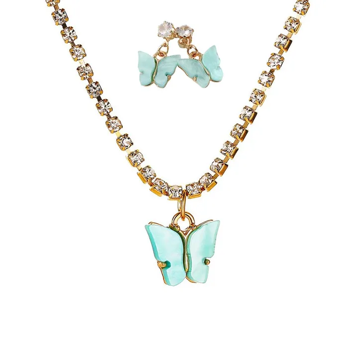 Yellow Chimes Necklaces Yellow Chimes Jewellery Set for Women Gold Plated Blue Crystal Butterfly Pendant set with Drop Earrings for Women and Girls