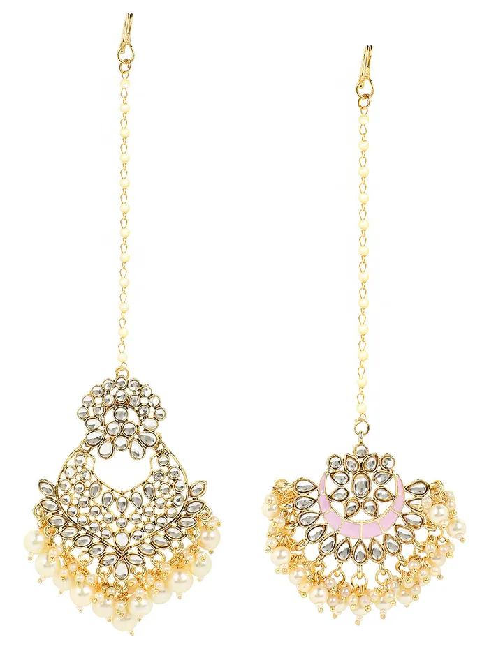 Yellow Chimes Necklaces Yellow Chimes Maang Tikka for Women 2 Pcs Maangtikka Traditional Gold Plated Kundan Mangtika Beads Ethnic Maang Tikka for Women and Girls