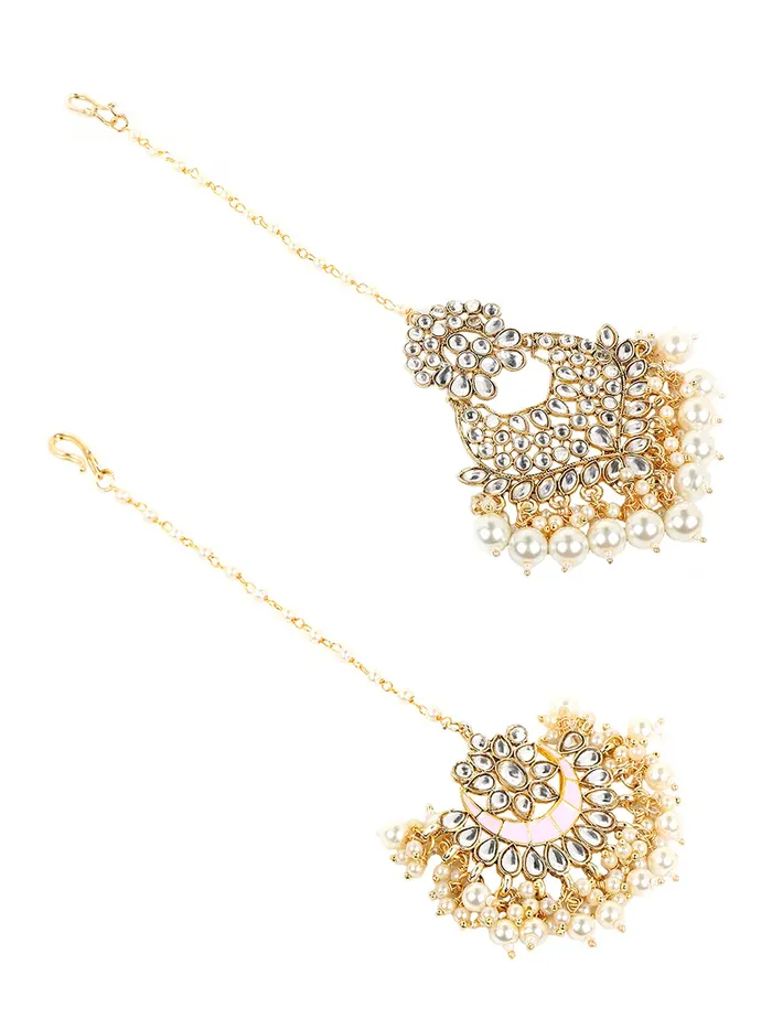 Yellow Chimes Necklaces Yellow Chimes Maang Tikka for Women 2 Pcs Maangtikka Traditional Gold Plated Kundan Mangtika Beads Ethnic Maang Tikka for Women and Girls