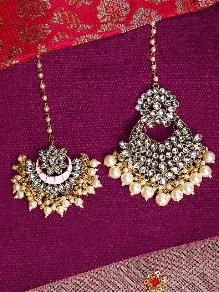Yellow Chimes Necklaces Yellow Chimes Maang Tikka for Women 2 Pcs Maangtikka Traditional Gold Plated Kundan Mangtika Beads Ethnic Maang Tikka for Women and Girls