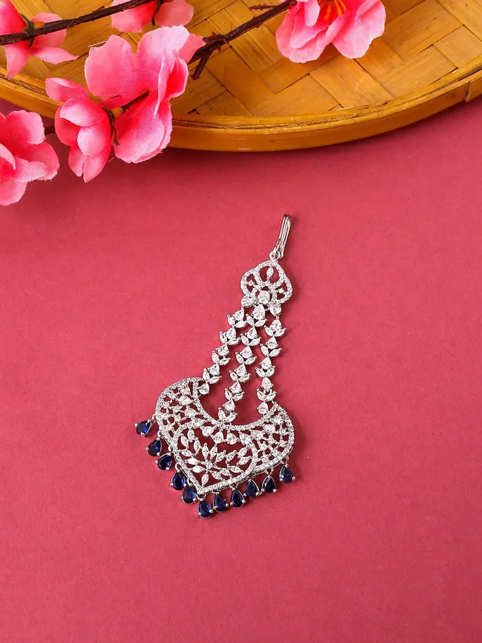 Yellow Chimes Necklaces Yellow Chimes Maang Tikka for Women Beautiful ADAmerican Diamond Studded Rhodium Plated Crystal Maang Tikka for Women and Girls Design 14