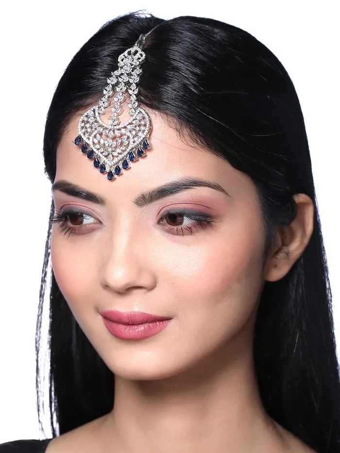 Yellow Chimes Necklaces Yellow Chimes Maang Tikka for Women Beautiful ADAmerican Diamond Studded Rhodium Plated Crystal Maang Tikka for Women and Girls Design 14