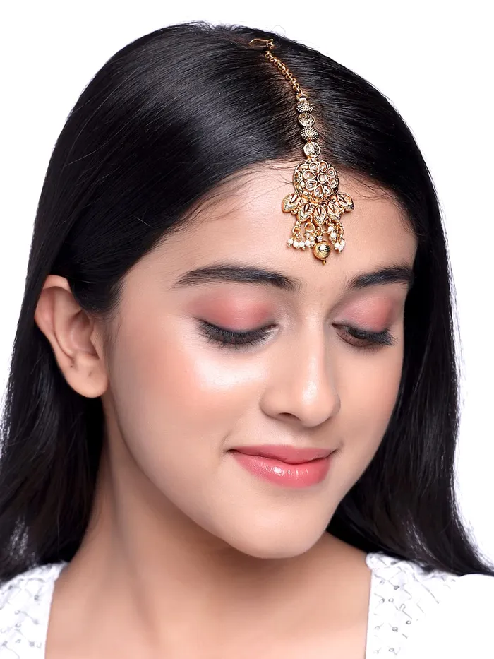 Yellow Chimes Necklaces Yellow Chimes Manng Tikka for Women Gold Toned Crystal Studded Beads Drop Maang Tikka for Women and Girls