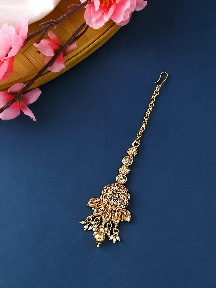 Yellow Chimes Necklaces Yellow Chimes Manng Tikka for Women Gold Toned Crystal Studded Beads Drop Maang Tikka for Women and Girls