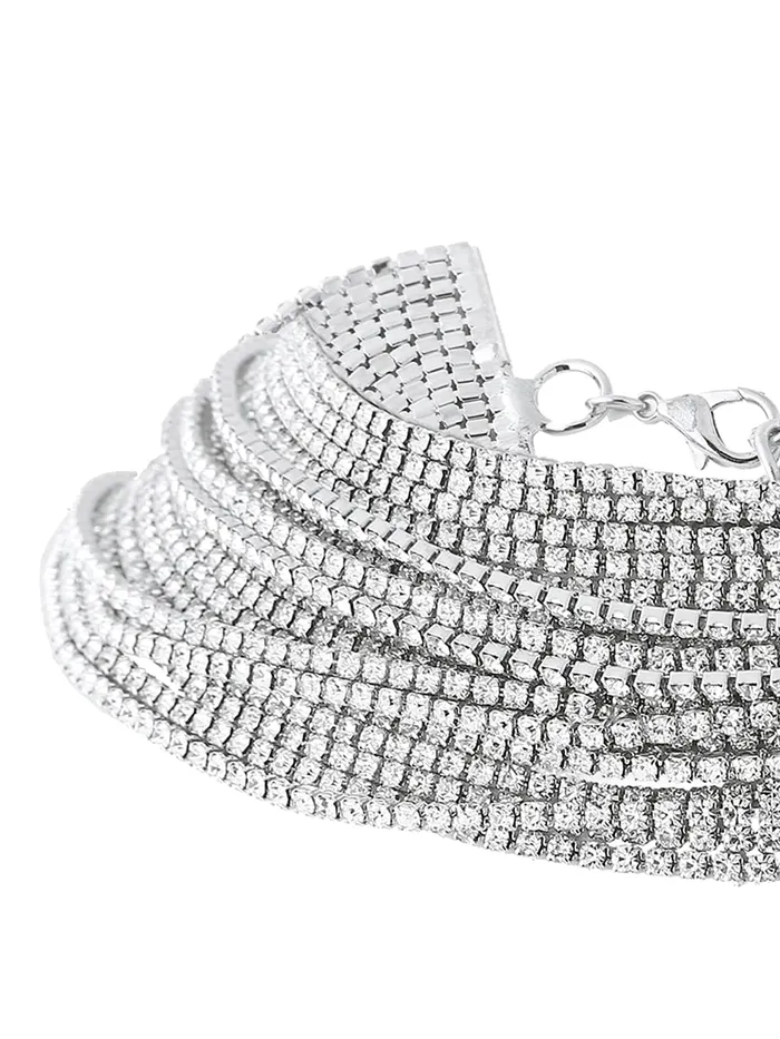 Yellow Chimes Necklaces Yellow Chimes Multilayer Crystal Necklace for Women Silver Toned White Crystal Multilayer Necklace for Women and Girls