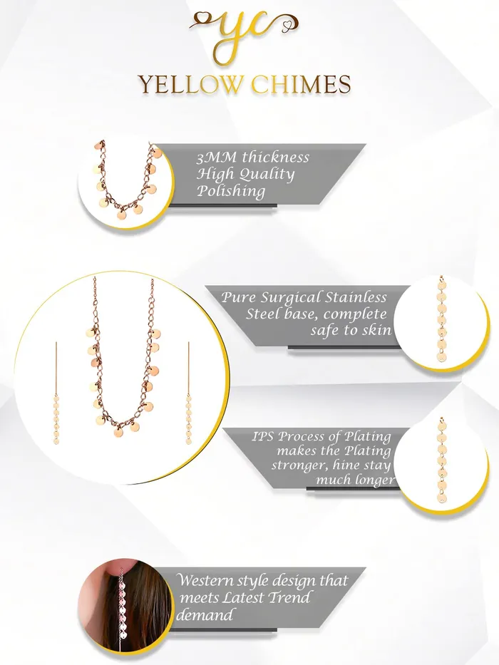 Yellow Chimes Necklaces Yellow Chimes Necklace Set for Women Rose Gold Necklace Set Stainless Steel Coin Chain Necklace With Threader Earrings for Women and Girls