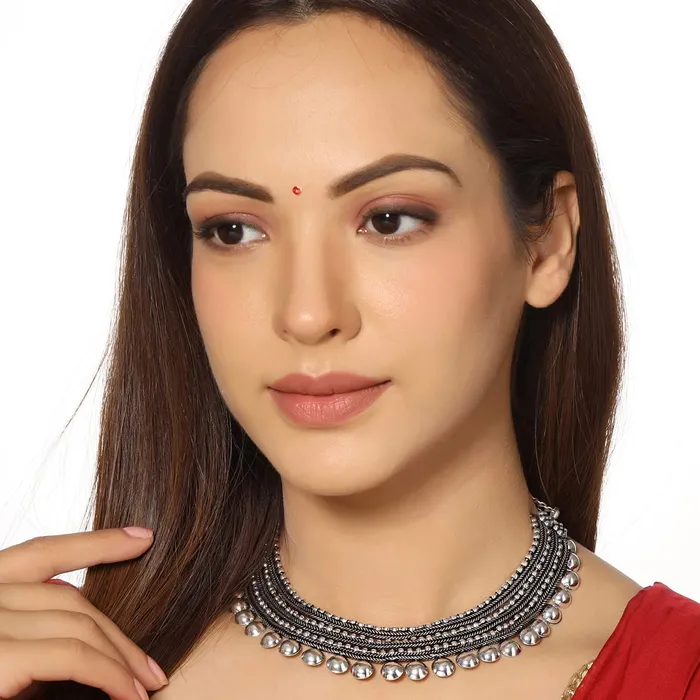 Yellow Chimes Necklaces Yellow Chimes Necklaces for Women Adjustable Silver Oxidised Beads Studded Choker Necklace for Women and Girls NK 3